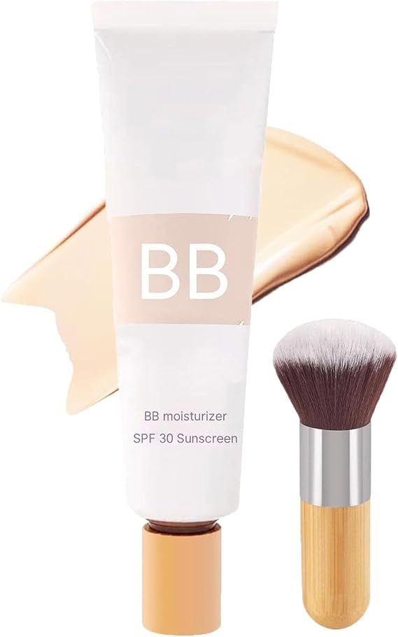 BB Blur Tinted Moisturizer, SPF 30 BB Cream Tinted Moisturiser for Mature Skin, Even Skin Tone Foundation with Make up Brush, Hydrates & Smooths Skin, Full Coverage, Natural Makeup (Ivory White)