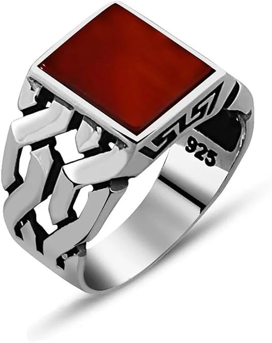 Chain Design Classic Pattern Stone Wide Cuban Curb Link Chain Band Rectangle Signet Ring Jewelry Silver Vintage Ring Red Agate Aqeeq Stone Silver Men's Ring, Blue,White,Green,Red,Silver