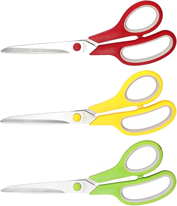 8" Multipurpose Scissors 3 Pack with Ultra Sharp Blades, Comfort-Grip Handles, Sturdy for School Home Office Art Craft Sewing Tailor Heavy Duty, Red, Yellow, Green
