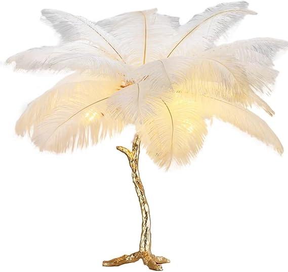 Ostrich Feather Table Lamp, Creative Resin Base Tree and Tree Fork Lampshade, Ostrich Feather Decorative Night Light, Night Light for Living Room, [Energy Class F]
