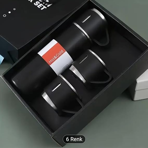 Termos Seti, Paslanmaz Çelik Termos 500ml, 2 Fincan ile, Seyahat Seti, Siyah