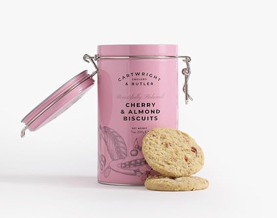 Cartwright & Butler Biscuits - 200g Cherry and Almond Biscuits with a Tasty Butter Crumb, Handfuls of Glazed Red Cherries and Ground Almonds, A Luxury Biscuit Gift in Signature Clip-Lid Tin