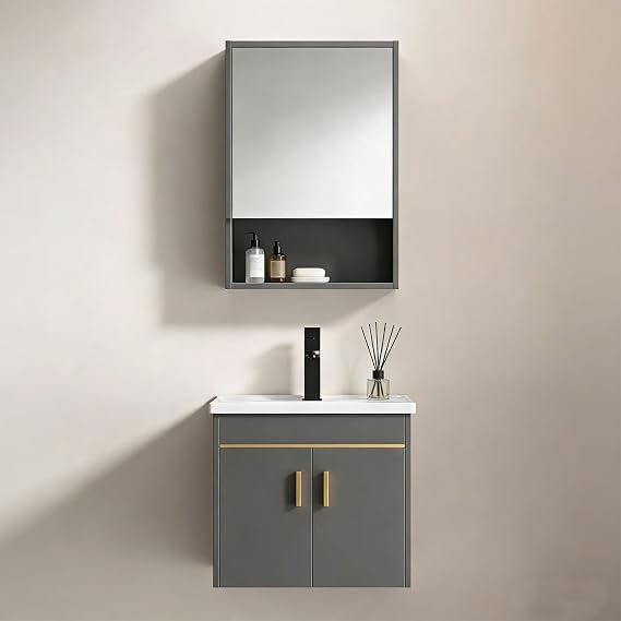 Wall Mounted Bathroom Vanity Unit with Basin and Mirror Cabinet 20 Inch Ceramic Sink Vanity Unit with Tap, Grey Floating Bathroom Cabinet with Storage (Grey, 50 x 36 cm)