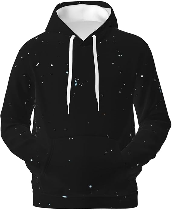 Men's Fleece Pullover Hoodies, Black White Dot Printed Casual Drawstring Hooded Sweatshirts