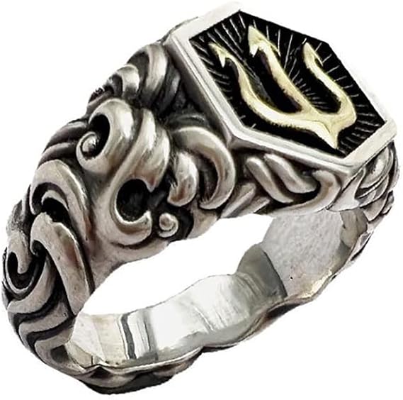 Punk Retro Poseidon Trident Ring Silver Color Open Ring Personality Men's Cool Trend Ring