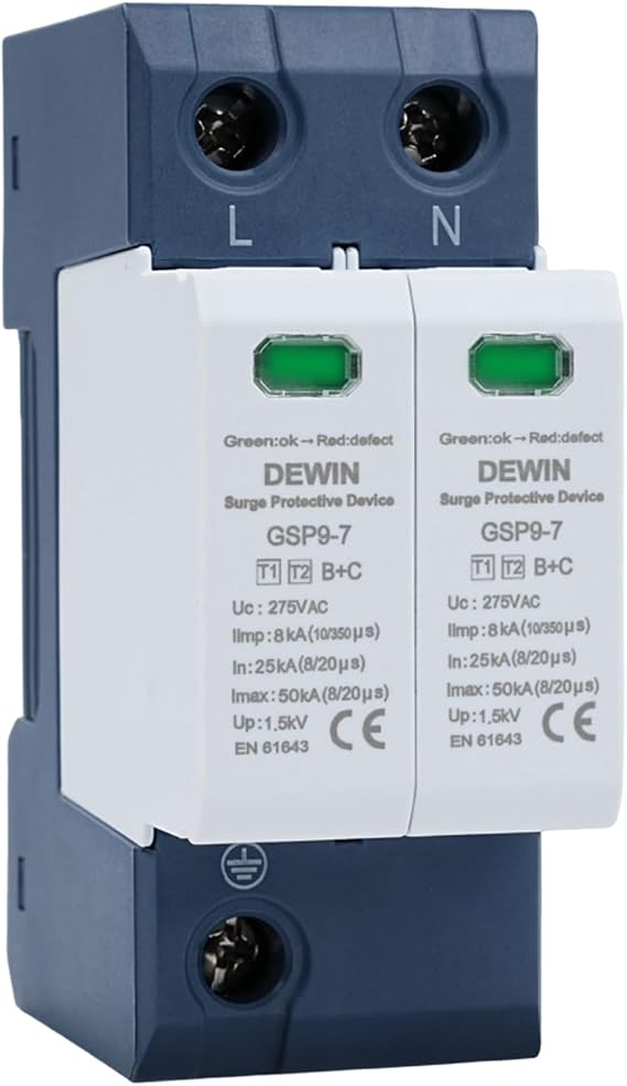 DEWIN Surge Protector 2P 40KA 275VAC Surge Protection Device, Permanent and Transient Surge Protection Surge Protector (T1+T2)