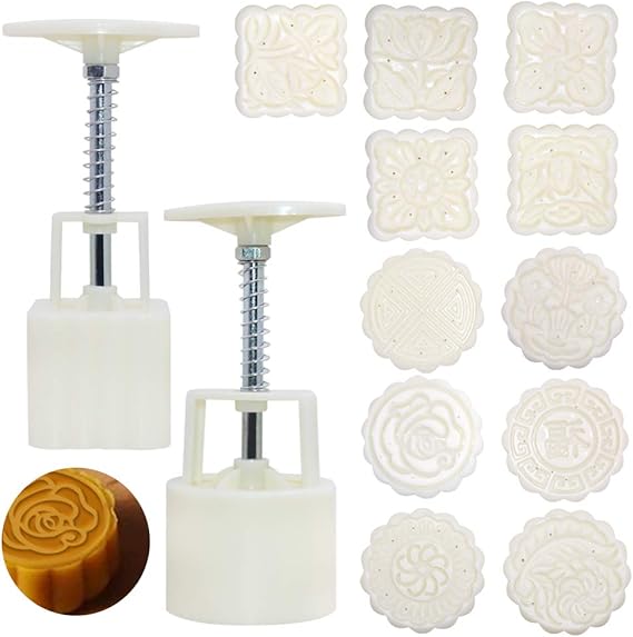 Senhai Moon Cake Molds with 11 Stamps, 2 Pcs Round and Square Flower Cake Decorating Tools for Pastry Cookies Dessert