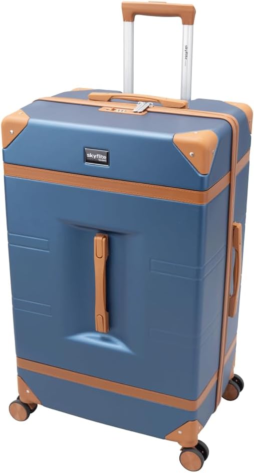 SKYFLITE Retro Hardshell Suitcase, 76 cm Large Trunk, 90L Capacity, Blue/Ivory, 8 Wheels (Blue)