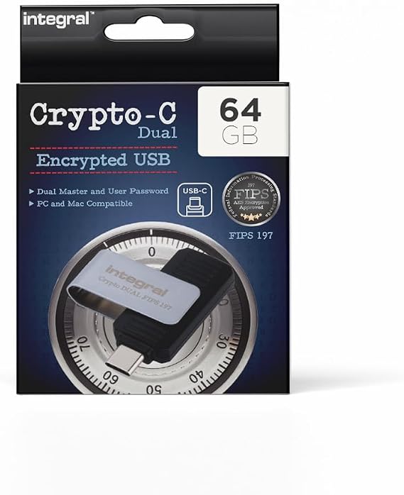 Integral 64GB Crypto-C Dual Encrypted USB Flash Drive AES-XTS 256-Bit Hardware Encrypted USB 3.2 with Secure Double Password FIPS 197 Certified - for Mac MacBook PC Laptop