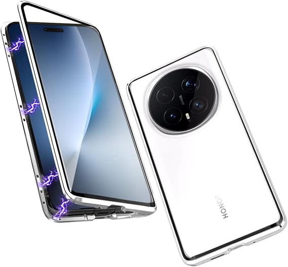 QUIETIP Honor Magic 8 Pro用マグネットケース、メタルフレーム両面クリア強化ガラスカバー、シルバー