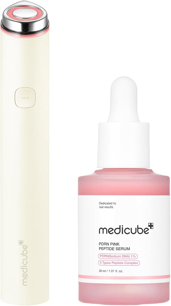 medicube Plump Boost Duo: medicube Mini Booster Pro Plus (Beige) and Salmon DNA PDRN Pink Peptide Serum | for Plumper-Looking Skin | Portable Korean Skincare Device, At Home Care