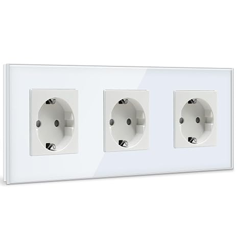 BSEED Triple Wall Plug, Schuko White Triple Socket with Glass Panel, 16A 250V Power Outlet, Extension Sockets for Kitchen, Bedroom, Office, Hotel, etc