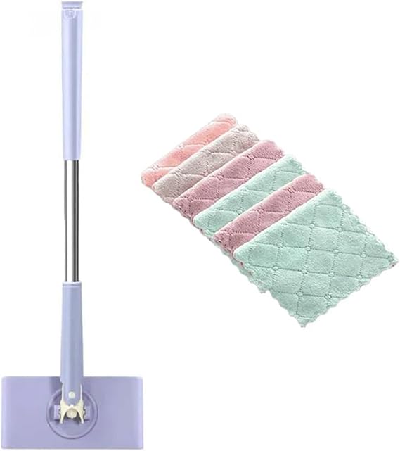 Snap Grip Mini Mop,Cloth Changing Mini Mop + Magic Cleaning Cloth*6,Automatic Gripping or Releasing,360° Rotating Head & Universal Compatibility,Wet/Dry Use for Multi Cleaning (Purple, 27in+Cloth*10)