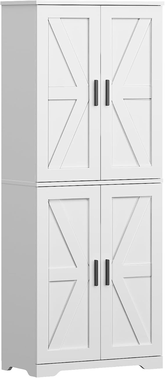 4 Doors Storage Kitchen Cupboard, Wooden Collection Food Pantry Cabinet with 4 Adjustable Shelves Freestanding Sideboard Organizer Unit for Living Room, Bedroom, Kitchen and Hallway (White)