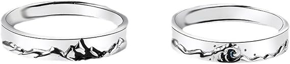 2 Pcs Mountains Sea Couples Rings For Women Men, Adjustable Friendship Matching Promise Rings For Couples,Endless Love Finger Band Jewelry For Valentines Gifts