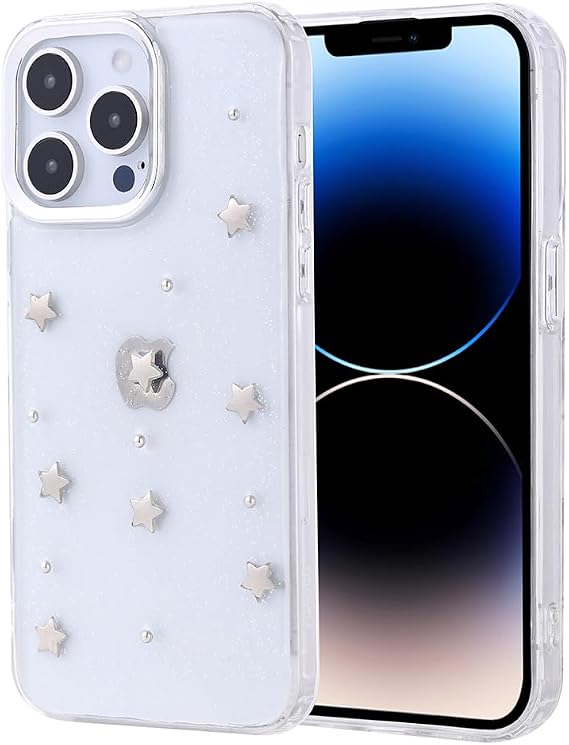 Coverzone Apple iPhone 15 Pro ile uyumlu Kılıf Airbag Köşeli 2mm Kamera Çıkıntı Korumalı Simli Şeffaf Baskılı Z-Kutup Kapak Yıldız