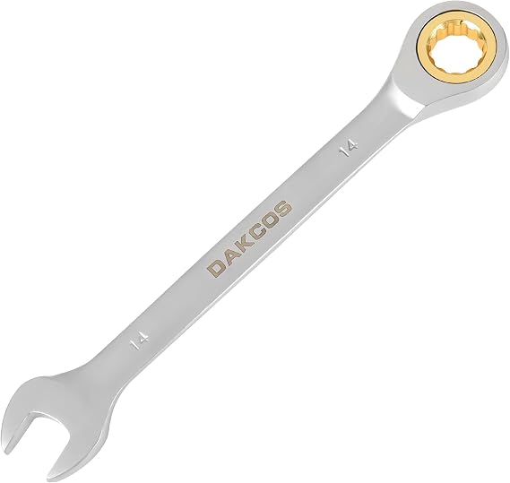DAKCOS Combination Ratchet Wrench 14 mm - Ratchet Combination Spanner Made of CR-V with Matt Chrome Finish