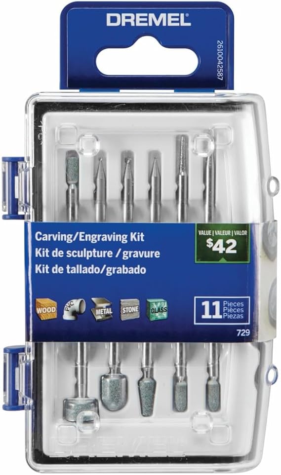 Dremel 729-01 oyma ve gravür aleti aksesuar seti, 11 parça, sınıflandırılmış, ahşap, metal ve cam üzerinde kullanım için mükemmel
