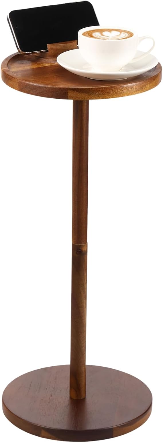 Pedestal Small Side Table, Wooden Small Round Table with Phone Holder and Weighted Base, Martini and Cocktail Pedestal End Table for Living Room, RVs, Home Office 56cm Height 24cm Width(brown)