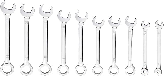 10-Piece Professional Small Spanner Set, 4-11mm Metric Stubby Combination Wrench Kit with Dual Box & Open End, Durable Carbon Steel w/Pouch for Tight Space Bike, Car & Appliance Repair