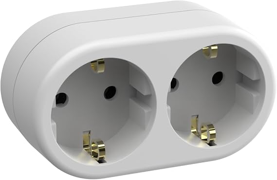 SIMON BRICO – Socket Plug, Power Adapter with Double Schuko 16 A Socket and Grounded Socket, Ideal Adapter for Travel, White