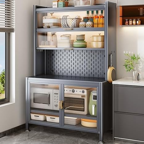 Bakers Rack for Kitchen, 6-Tier Microwave Stand, Bakers Racks for Kitchens with Storage, Coffee Bar with Power Outlets, Kitchen Storage Shelf with Flip Door, for Kitchen, Dining Room, Coffee