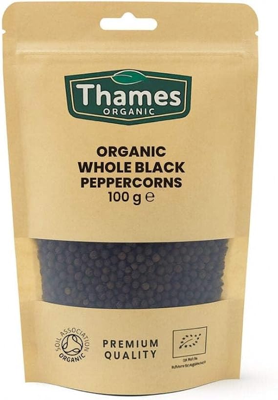 Organic Whole Black Peppercorns-Certified Organic, Non-GMO, Vegan, No Additives, No Preservatives, Resealable Bag by Thames Organic 100g