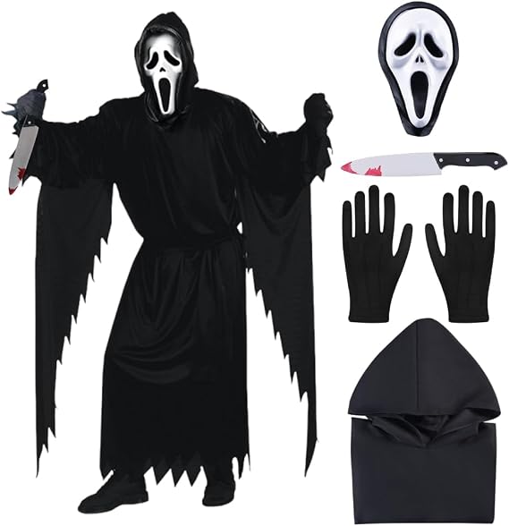 ADDLIVE Ghostface Costume, Scream Costume, Halloween Costumes with Black Cape, Scream Mask Halloween Gloves, Bloody Prop Knife, Belts, Hallo-ween Decorations for Hallo-ween Carnival