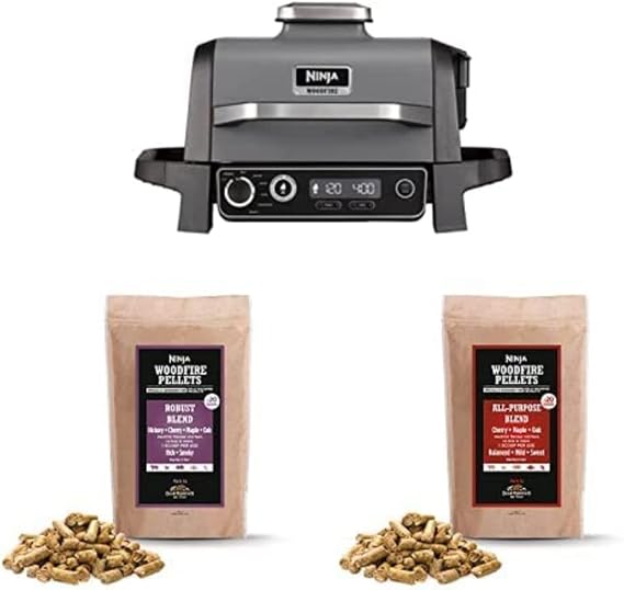 Bundle of Ninja OG701UK Woodfire Electric BBQ Grill & Smoker, 7-in-1 Outdoor Grill & Air Fryer + Ninja Woodfire Pellets, Robust Blend XSKOGRBLPL2UK 900g Bag+All-Purpose Blend XSKOGAPBPL2UK 900g Bag