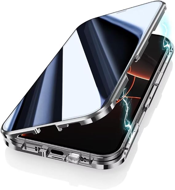 覗き見防止ケース iPhone 16 Pro用 磁気両面ガラス アルミニウム合金バンパーロック + マグネット吸着 カメラレンズプロテクター内蔵 グレー