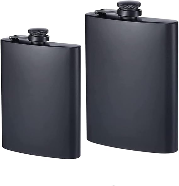 LAWALEISHE 2 PCS Stainless Steel Hip Flasks for Liquor, 8 oz & 10 oz Matte Black Portable Leakproof Flask Alcohol,Portable Pocket Flasks for Men & Women for Climbing Camping Barbecue Party