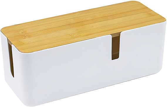 Cable Tidy Box Large Cable Box with Bamboo Lid Cable Management Box White Cable Organiser for Hiding Cables and Plugs