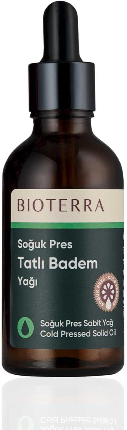 Bioterra Soğuk Pres Tatlı Badem Yağı 50 ml -%100 Saf Prunus Amygdalus Dulcis - Cilt, Saç, Kaş, Kirpik, Masaj ve Makyaj Temizleme Bakımı İçin Çok Amaçlı Bakım Yağı