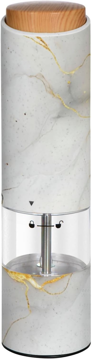 Electric Salt and Pepper Grinder, Battery-Operated Adjustable Coarseness White LED Light, White Gold Marble Texture