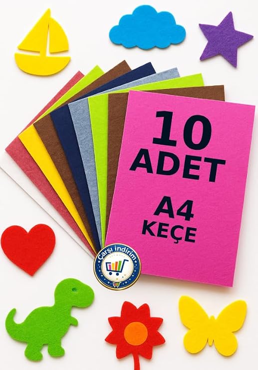 Keçe A4 Renkli Keçe Karışık 10 Lu 1 Pakette Farklı Renk 10 Adet