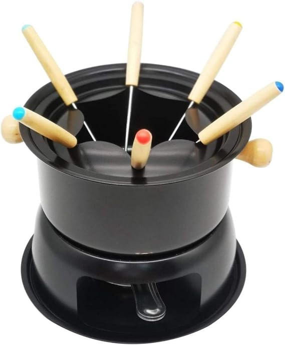 Fondue Set - 6 Fork Chocolate Maker - Multifunctional Carbon Steel Ice Cream Pot Melting Pot Cheese 16cm, Black