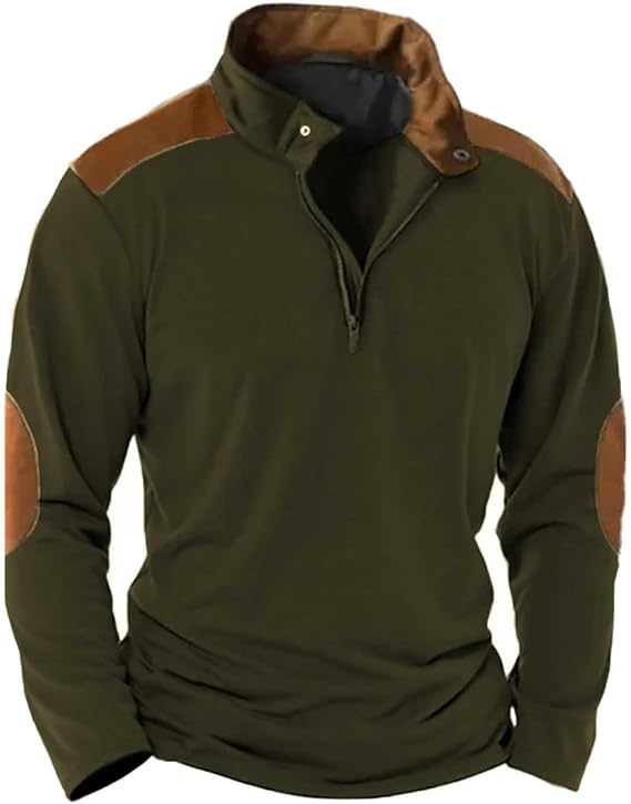 Generisch Men's Sweatshirt with Stand-Up Collar, Half Zip Pullover, Men's Cotton, Work Jumper, Colour Contrast Sweatshirt with Elbow Pads, Sweater Baggy Hoodie, Without Hood, Sweat Jacket