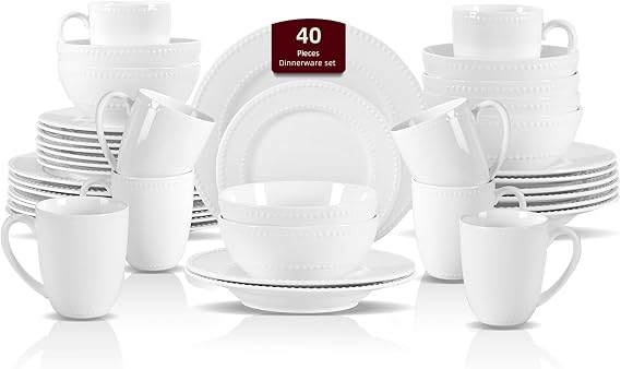 HomeVss Bone China Dinnerware Set, Embossed Pearl Design, 40 Piece Dinnerware Set
