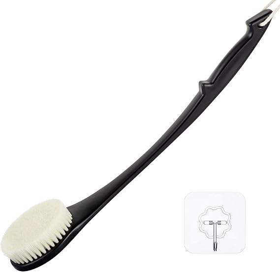 Body Brush Back Scrubber, 17 in Never Mold Back Brush Long Handle for Shower, Exfoliating Brush Dry Brushing Body Brush for Men Women Elderly Deep Exfoliation Soft Glowing Skin (Black)