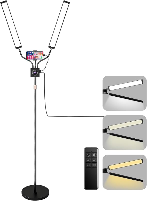 Dual Arms Lash Light, Dimmable 3 Color Tattoo Ring Light with Phone Holder, 30W Professional LED Esthetician Floor Lamp for Selfie Makeup Video Photography Live Streaming (Black) [Energy Class A]