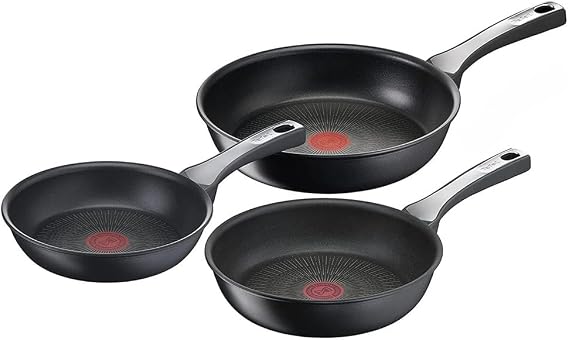 Tefal Unlimited On Set of 3 Frying Pans 20/24/28 cm, Induction Safe, Non-Stick, Titanium Coated, Thermo-Signal, PFOA Free, Dishwasher and Oven Safe, Stainless Steel