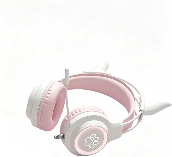 Cute Cat Ear Wired Gaming Headset, 40mm Driver 3D Surround Sound, RGB LED Light, Lightweight Over Ear Headphones with Mic for PC PS4 PS5 Switch Laptop pink