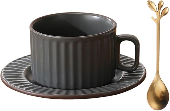 Ceramic Cappuccino Cups with Saucers and Spoon,Coffee,Tea Cup - 250 ml/8.8 oz, Matte Retro (Grey)