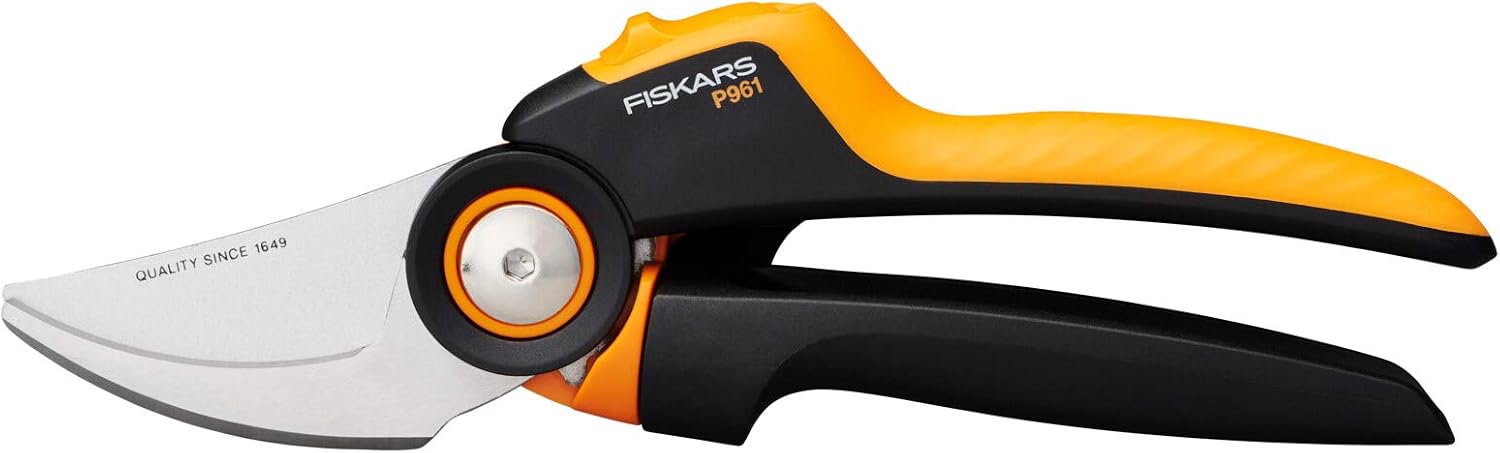 Fiskars Bypass Garden Pruners L, X-series PowerGear, P961, With rolling handle, For fresh branches and twigs, Non-stick coated, Stainless steel blades, Length: 22.2 cm, BlackOrange, 1057175