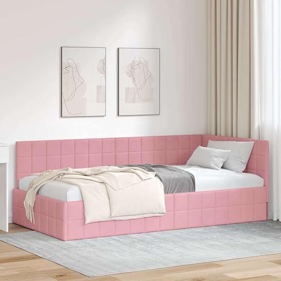 Corner Bed Frame, Pink, 90 x 200 cm, Velvet Cover, L-Shape Design, Adjustable Headboard, Robust Wood/Metal Frame for Bedroom and Guest Room