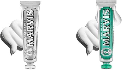 Marvis White Mint Toothpaste, Refreshing Mint Flavor, Oral Care, Made in Italy, 2.5 fl oz 75 ml + Marvis Classic Strong Mint Toothpaste, Refreshing Peppermint Flavor, Oral Care, Made in Italy