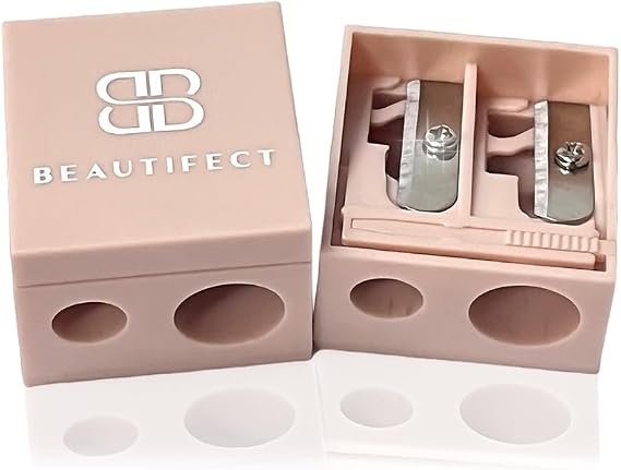 Lip Liner and Eye Pencil Sharpener, Beautifect Makeup Sharpener for Standard and Jumbo Eyeliner, Lip and Brow Pencils, Shavings Container and Cleaning Pick, Nude