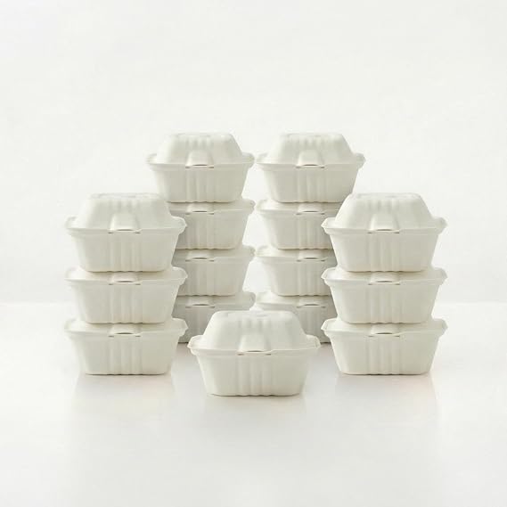 BEGREEN Compostable Clamshell Takeaway Boxes 6”x6” | 100 Pack Hinged Bagasse Burger Boxes | BPI Certified & PFAS-Free | Eco-Friendly Disposable Food Containers for Restaurants, Cafes & Events