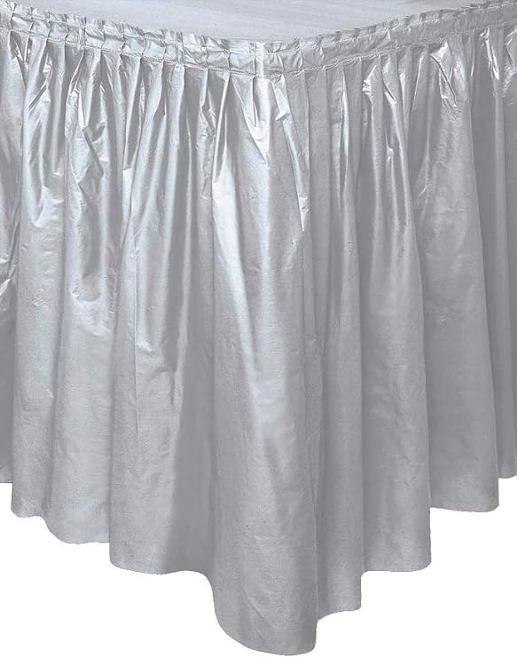 Solid Silver Plastic Rectangular Table Skirt (73cm x 4 meters) 1 Count - Easy Assembly and Reusable, Elegant & Versatile Party Decor