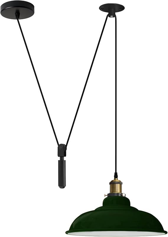 LEDSONE Ceiling Pendant Light, 36cm Metal Wide Light Shade, Height Adjustable 2m Cable, Vintage Edison 60w E27 Bulb Base, Industrial Pulley Lighting, Island Lamp (Green Curvy 32cm), ENC4 [Energy Class A+++]